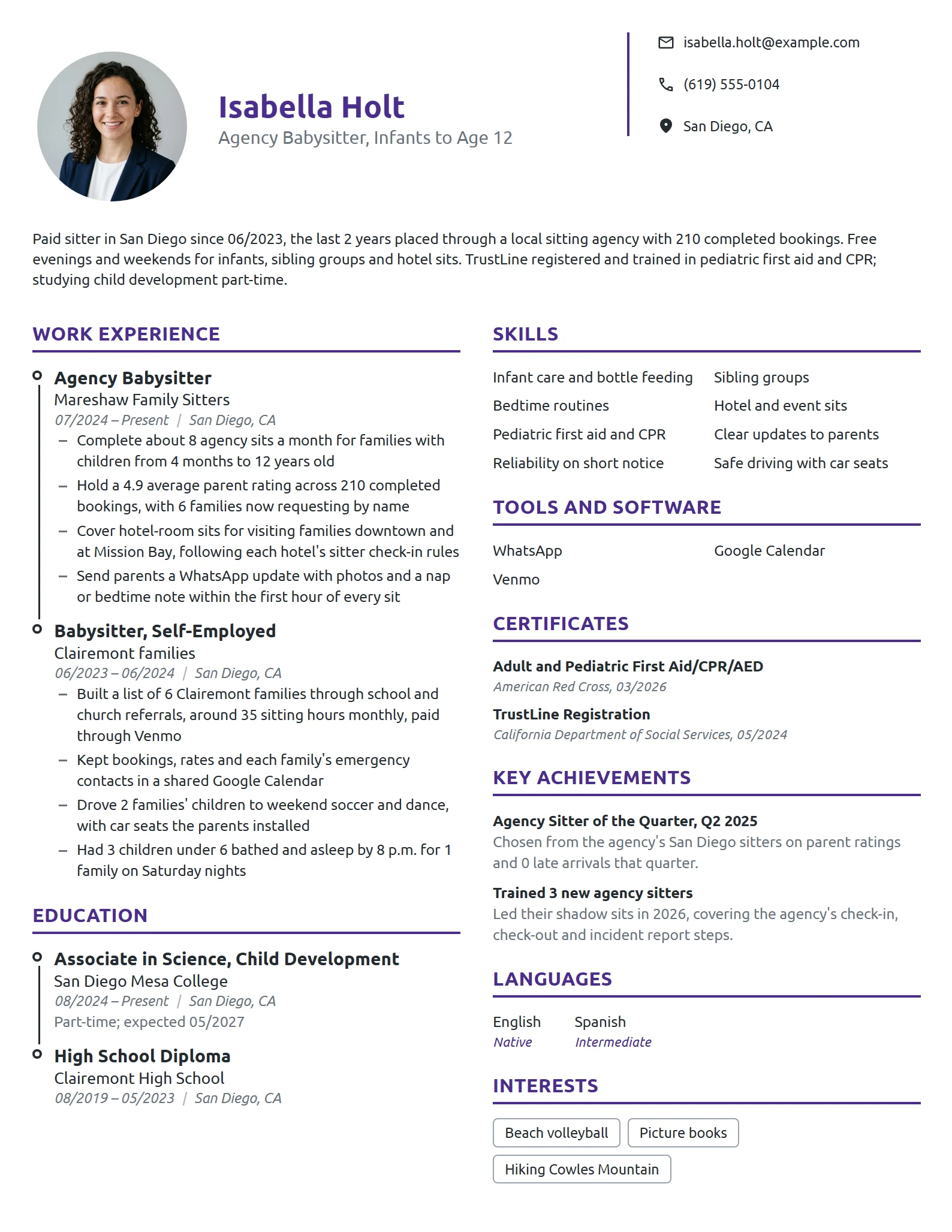 Agency Babysitter resume example