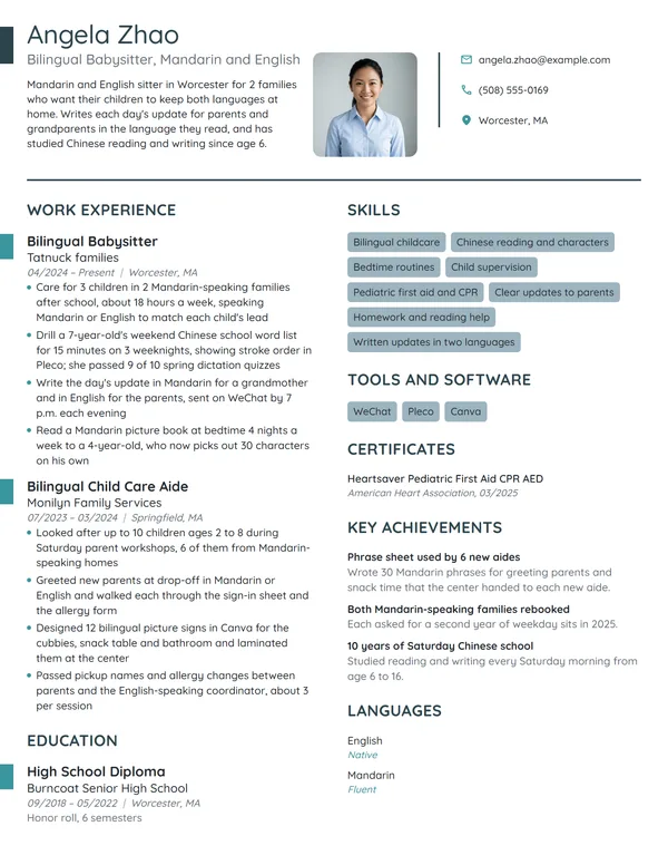 Bilingual Babysitter resume example