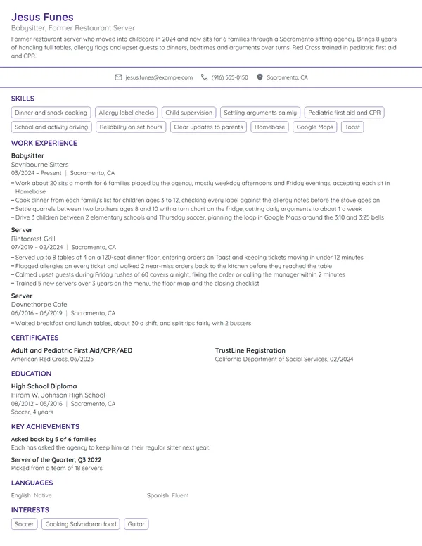 Career Change Babysitter resume example
