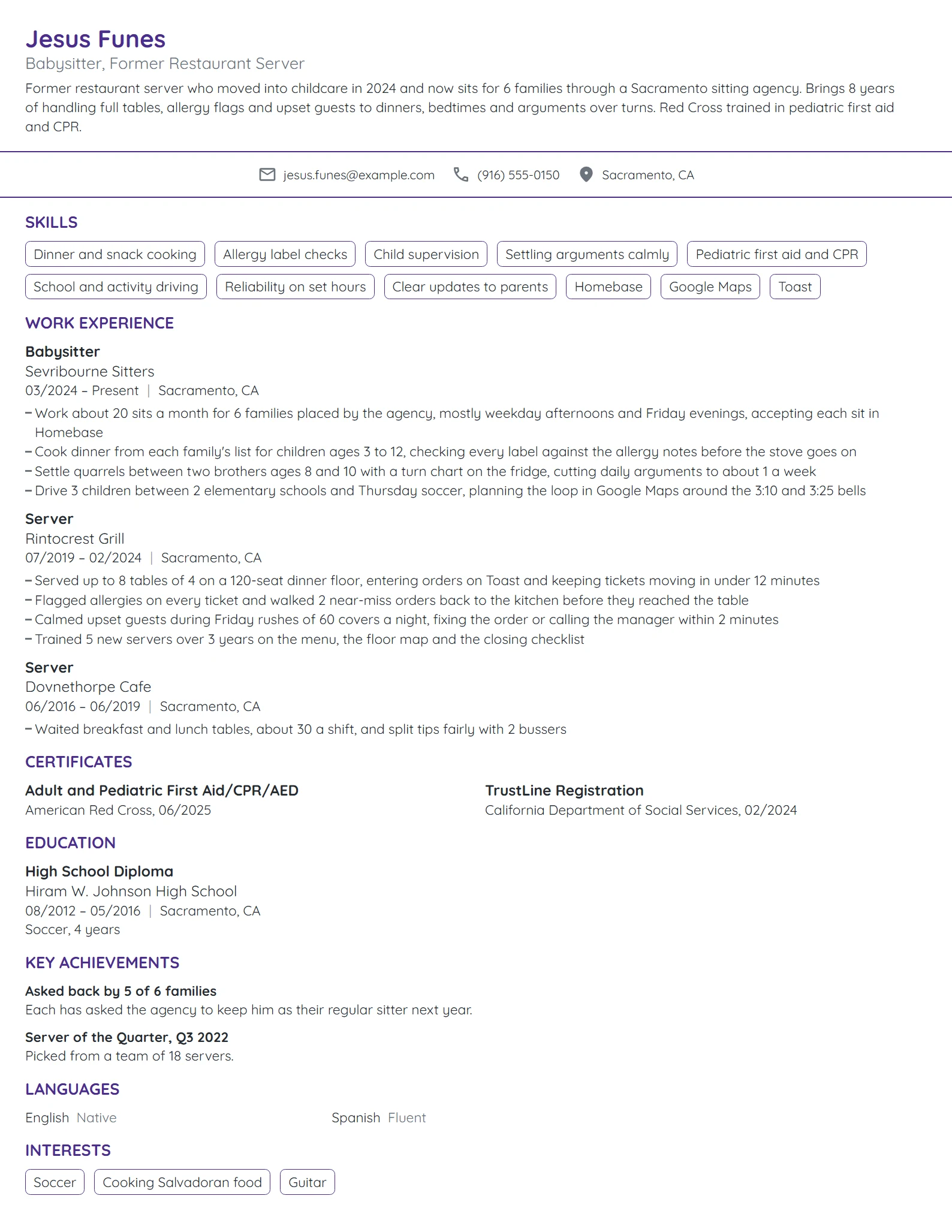 Career Change Babysitter resume example