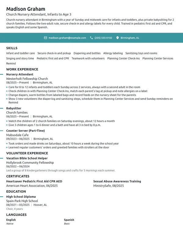 Church Nursery Attendant resume example