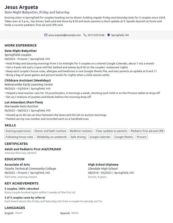 Date Night Babysitter resume example