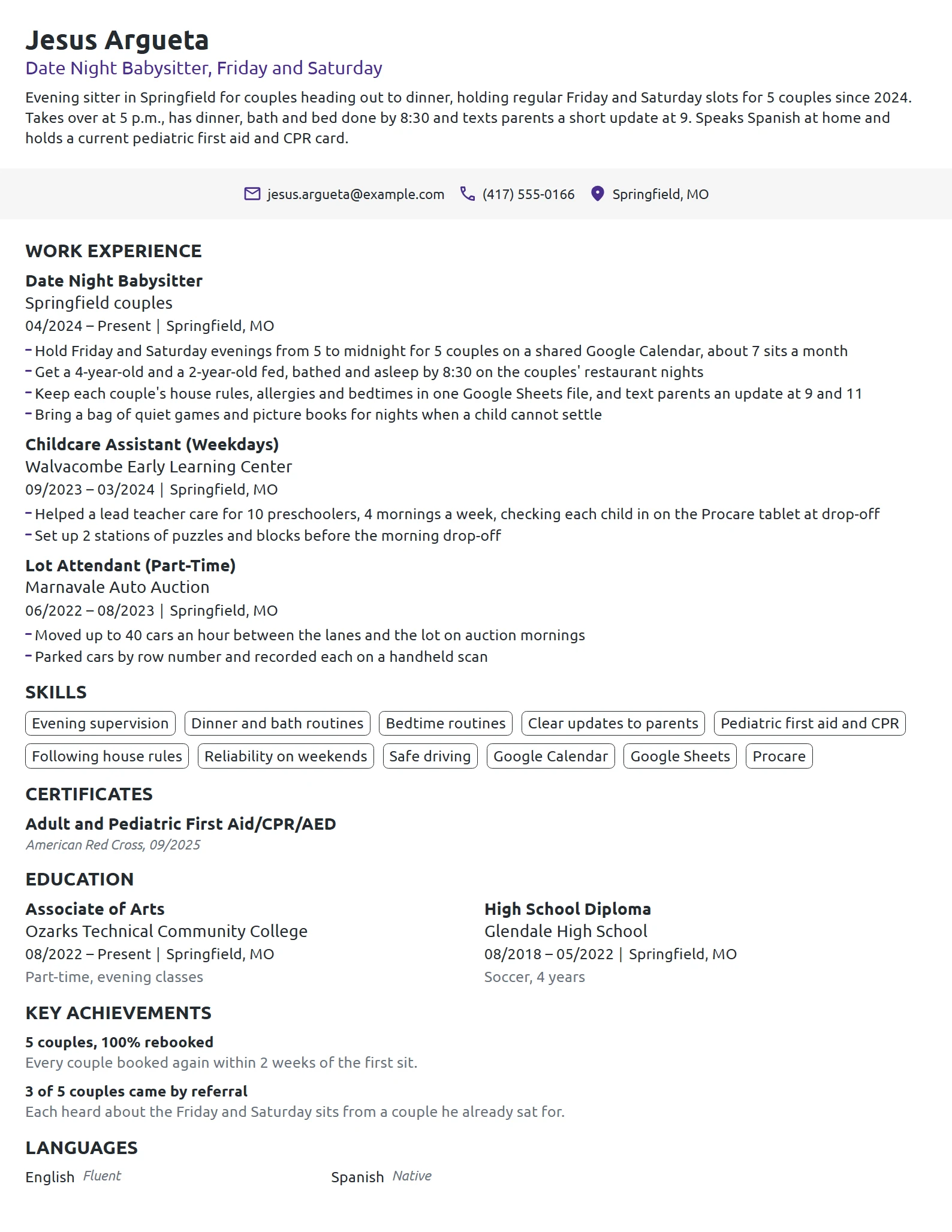 Date Night Babysitter resume example