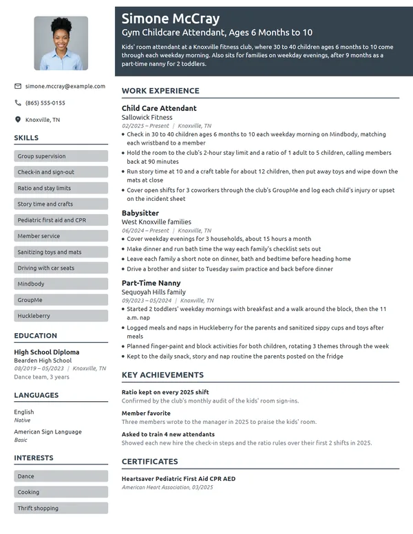 Gym Childcare Attendant resume example
