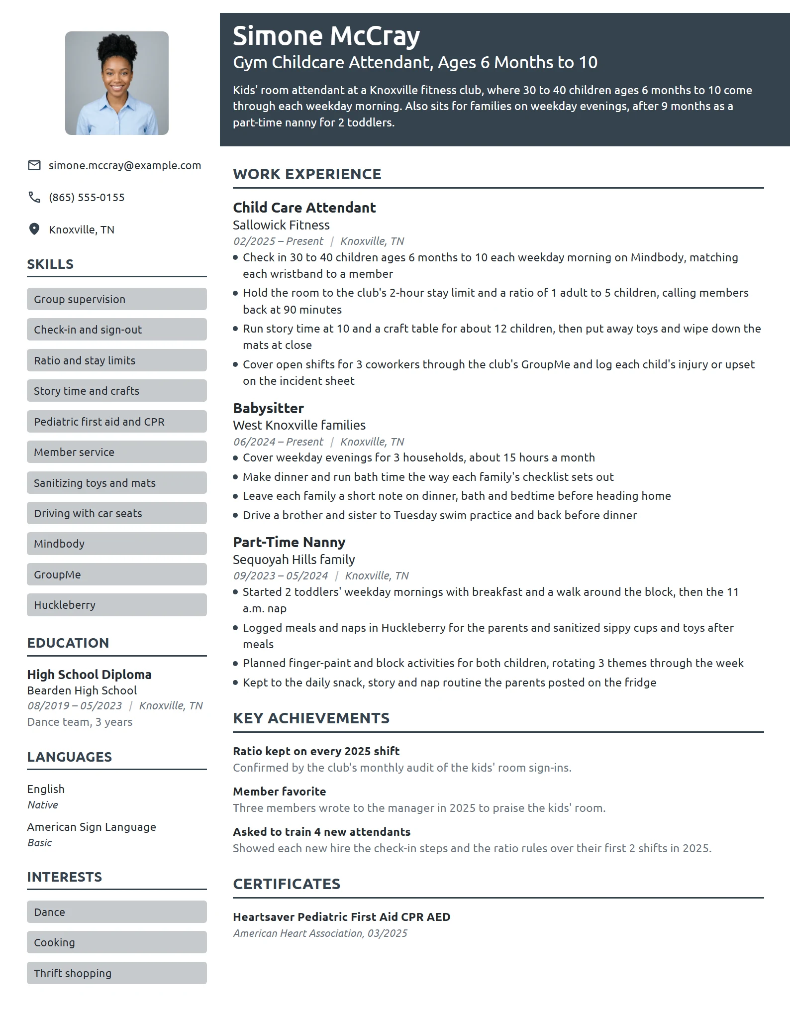 Gym Childcare Attendant resume example