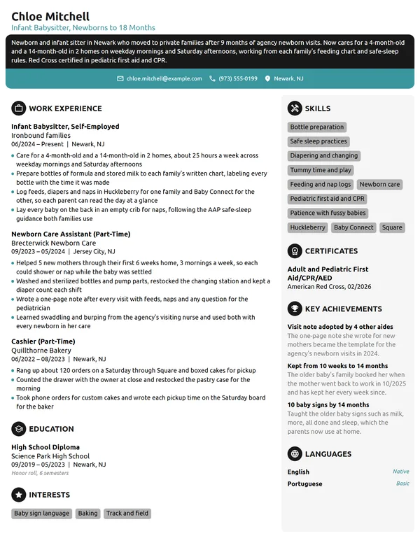 Infant Babysitter resume example
