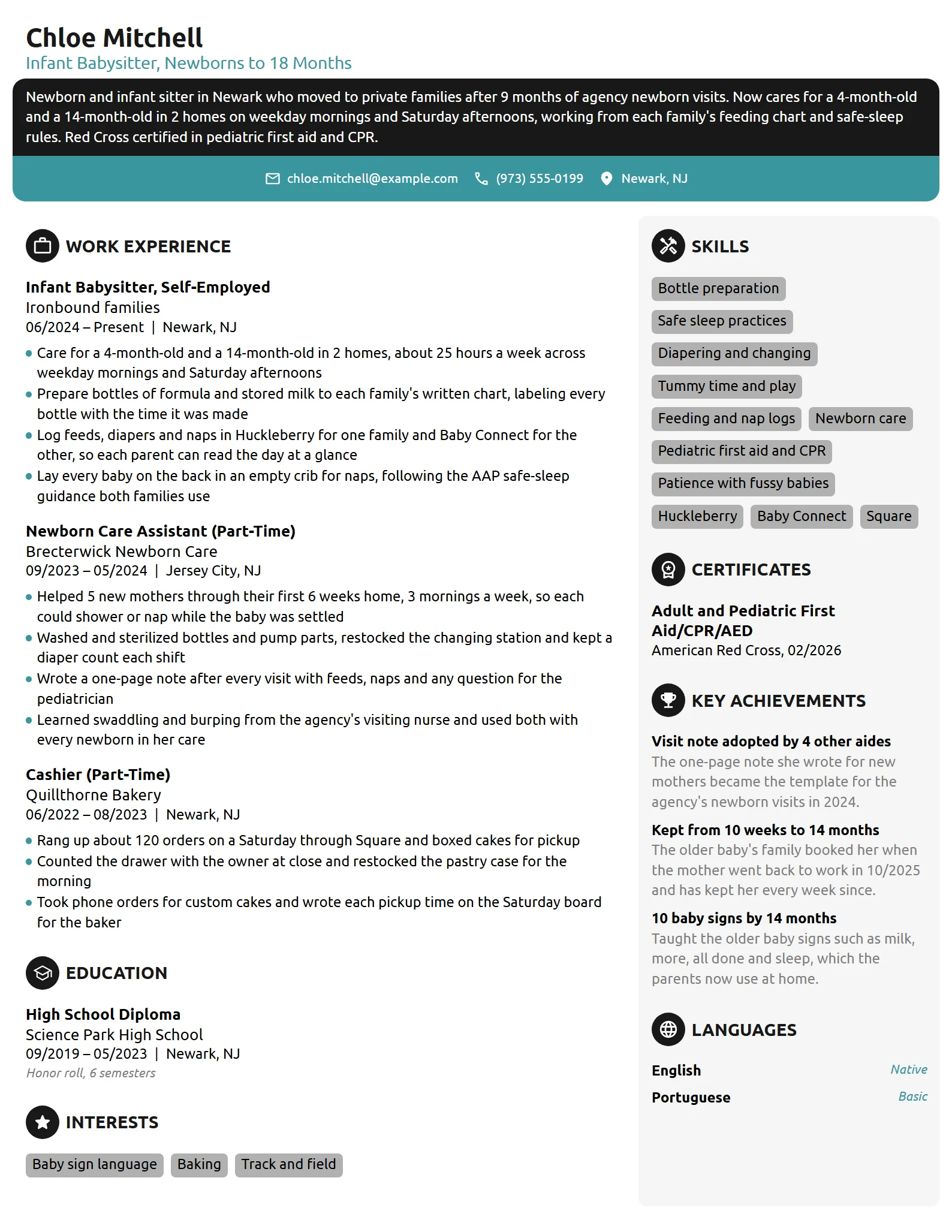 Infant Babysitter resume example