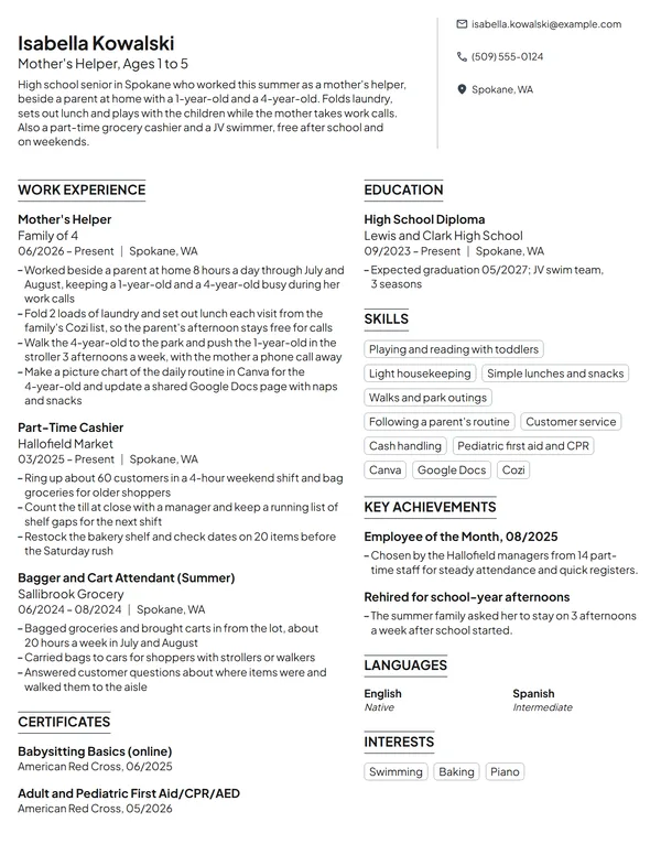 Mother's Helper resume example