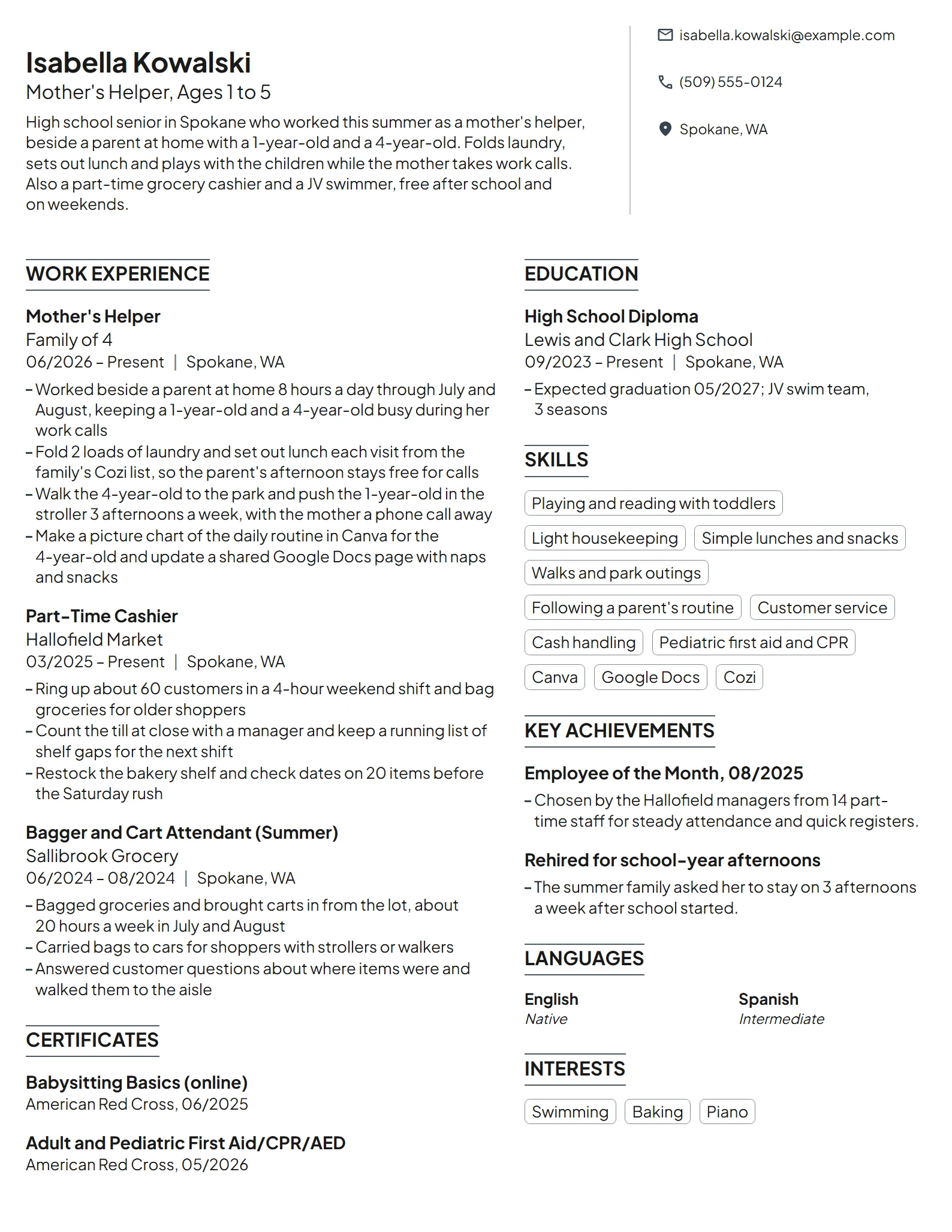 Mother's Helper resume example