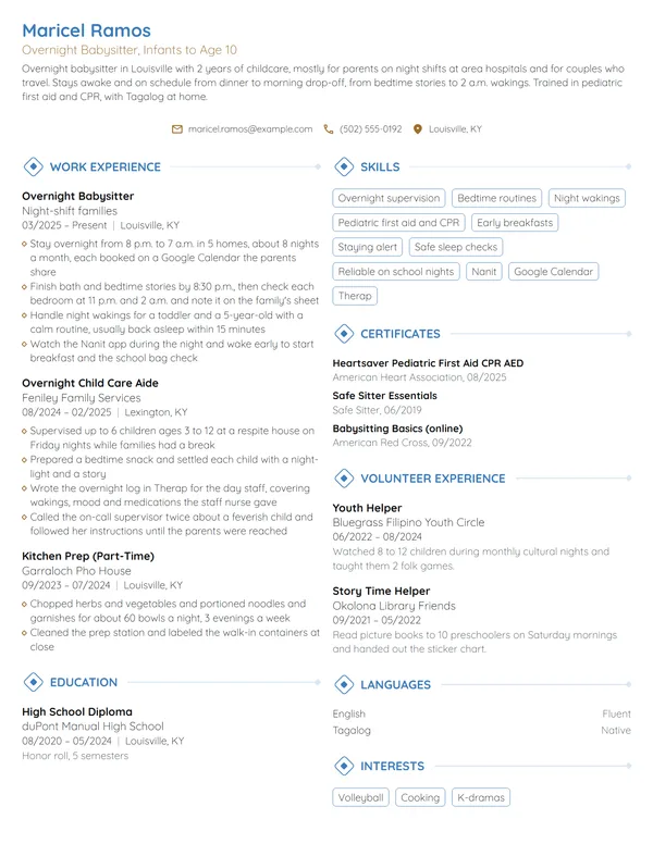Overnight Babysitter resume example