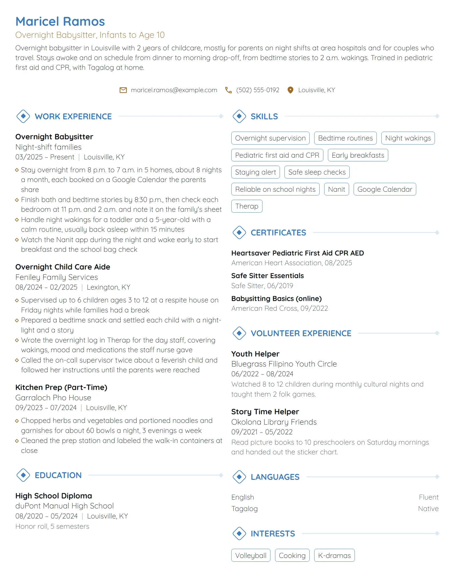 Overnight Babysitter resume example