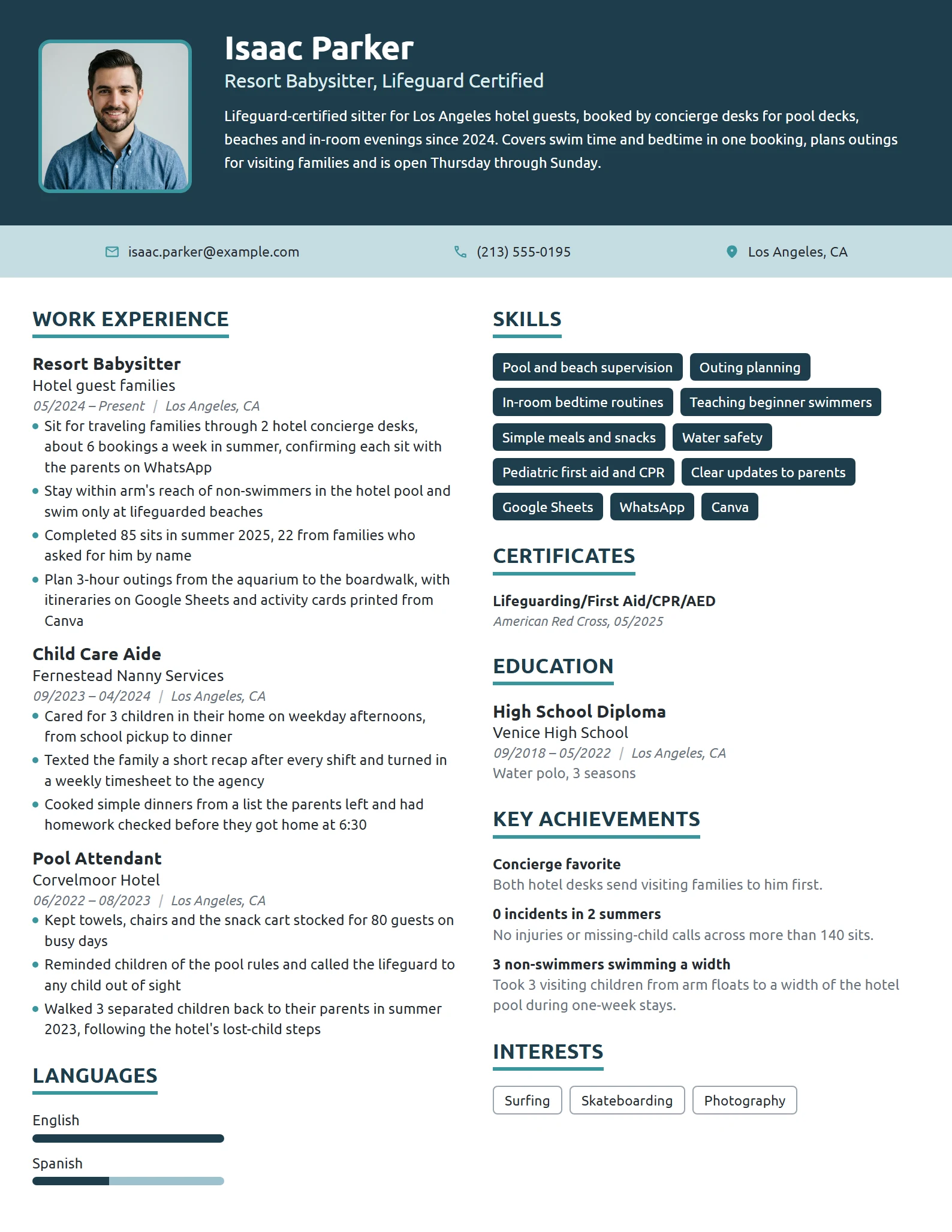 Resort Babysitter resume example