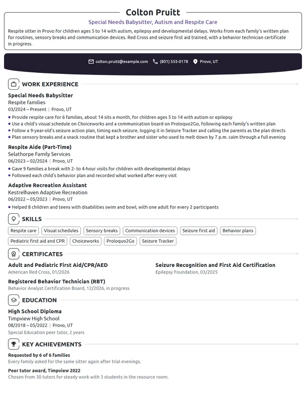 Special Needs Babysitter resume example