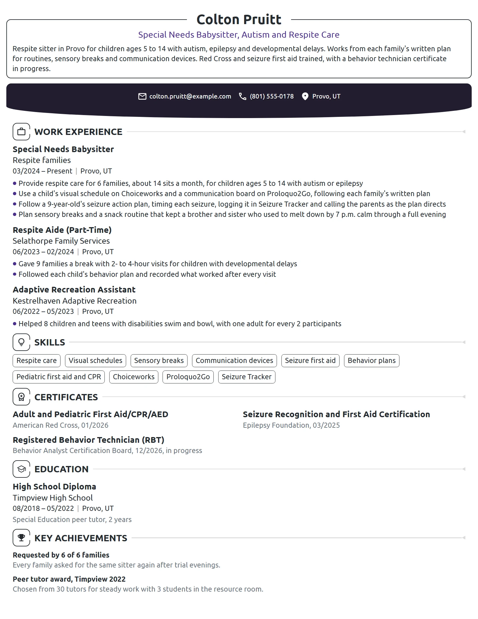 Special Needs Babysitter resume example