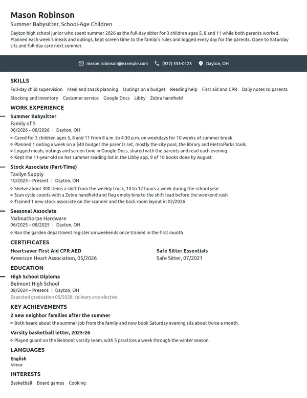 Summer Babysitter resume example