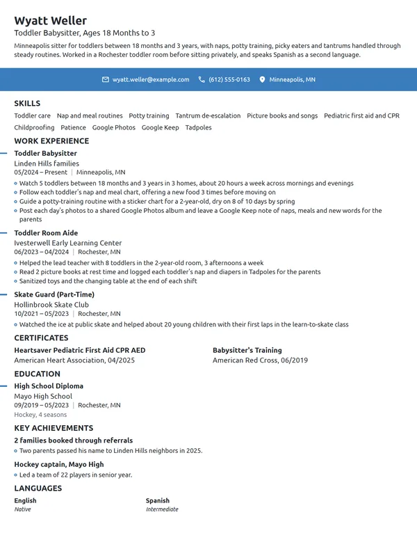 Toddler Babysitter resume example