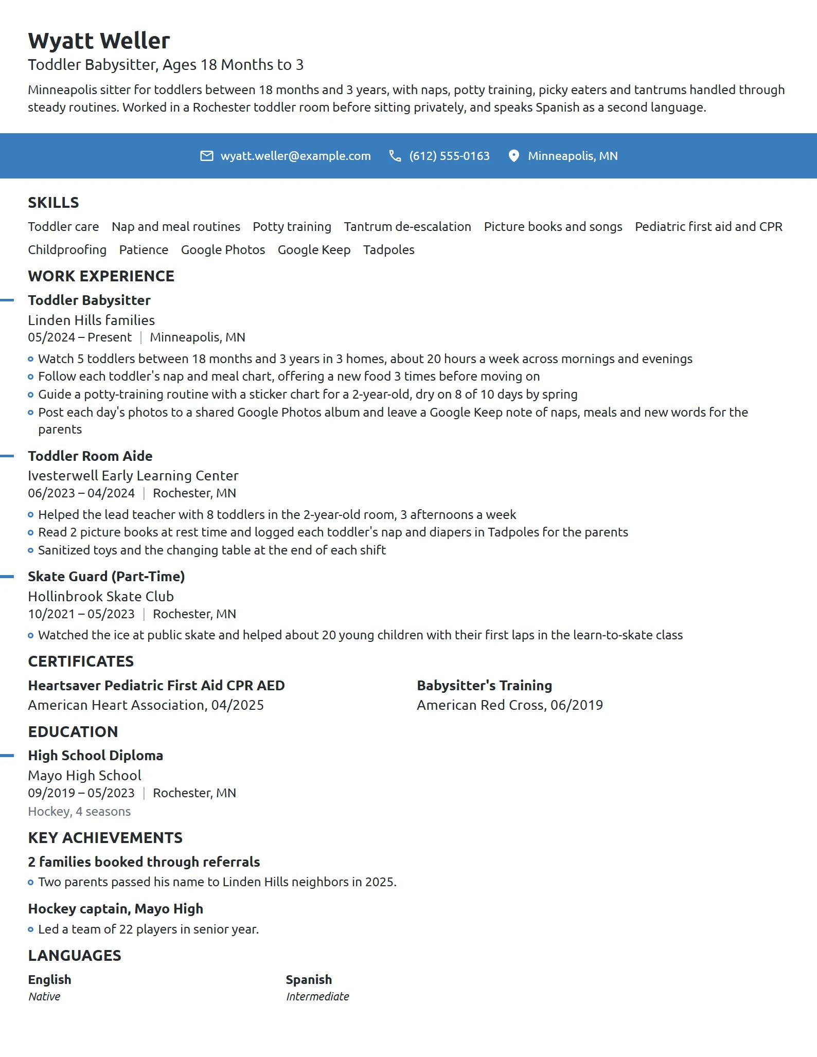 Toddler Babysitter resume example