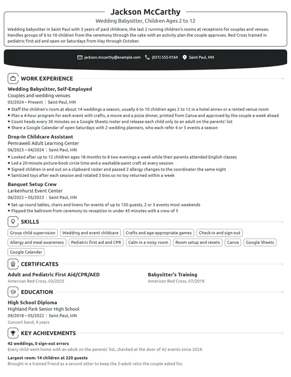 Wedding Babysitter resume example