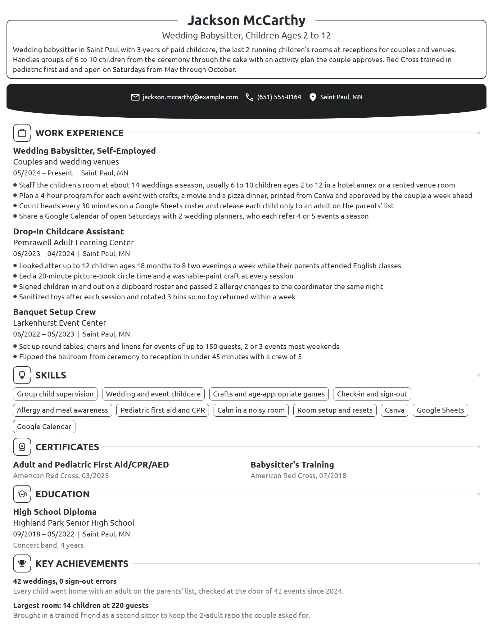 Wedding Babysitter resume example