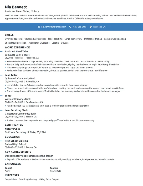 Assistant Head Teller resume example