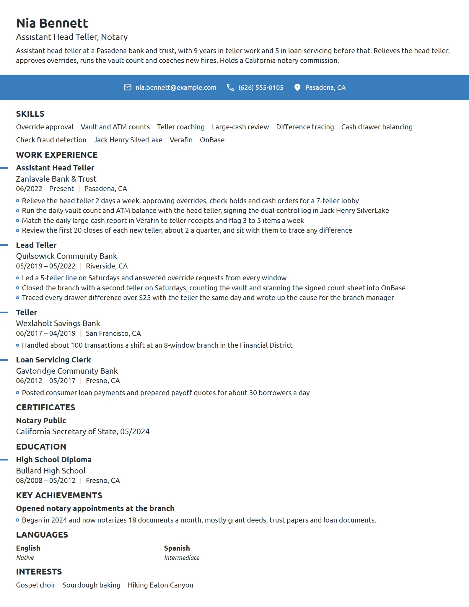 Assistant Head Teller resume example