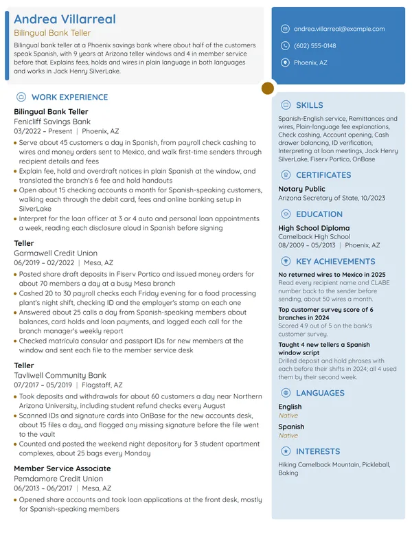 Bilingual Bank Teller resume example