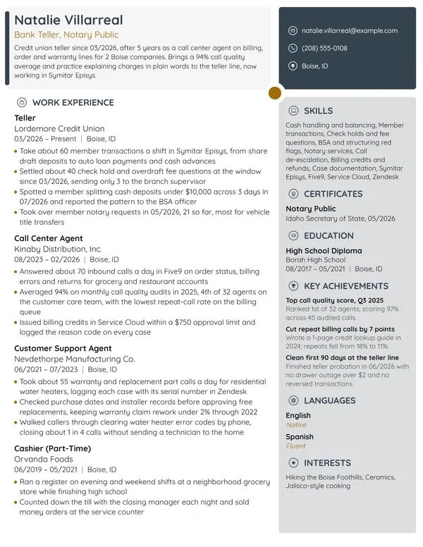 Career Change Bank Teller resume example