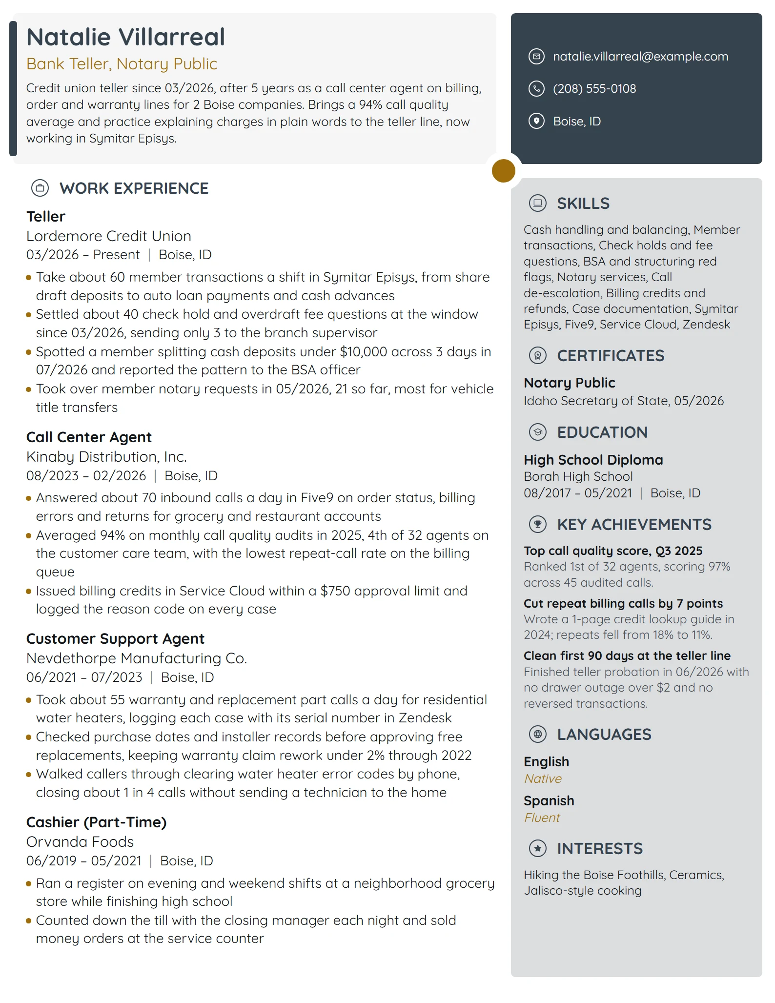 Career Change Bank Teller resume example