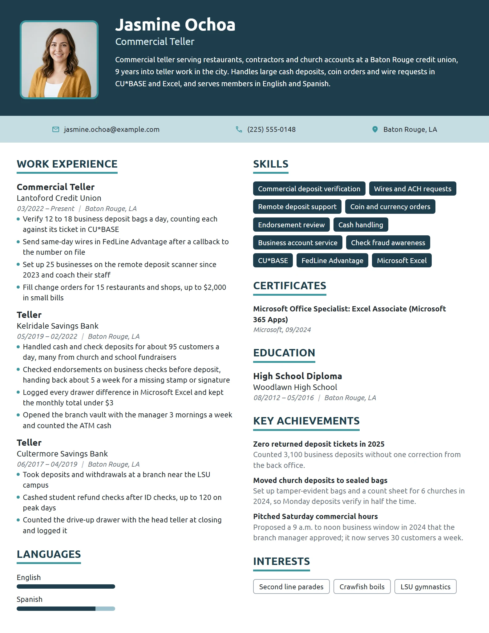 Commercial Teller resume example