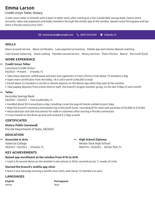 Credit Union Teller resume example