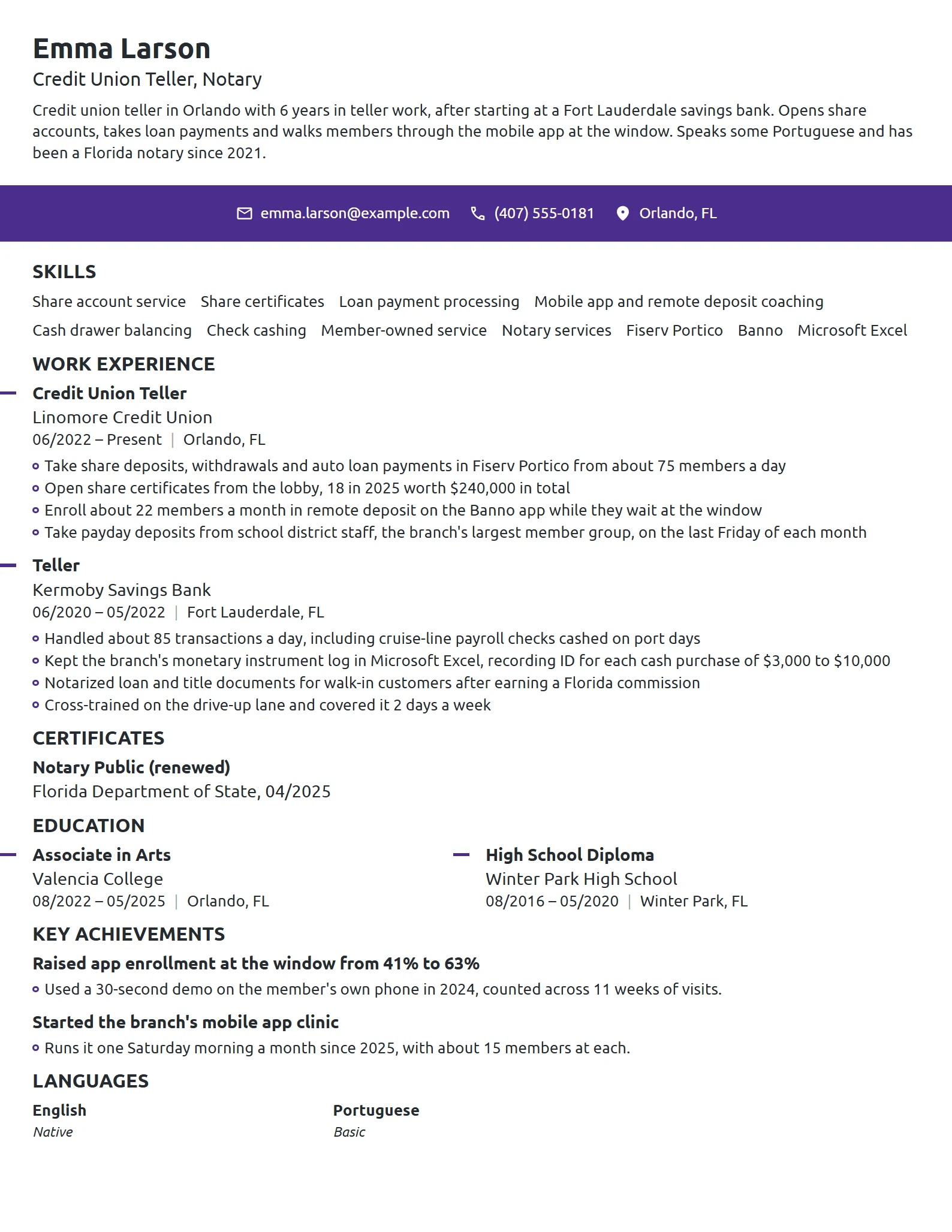 Credit Union Teller resume example
