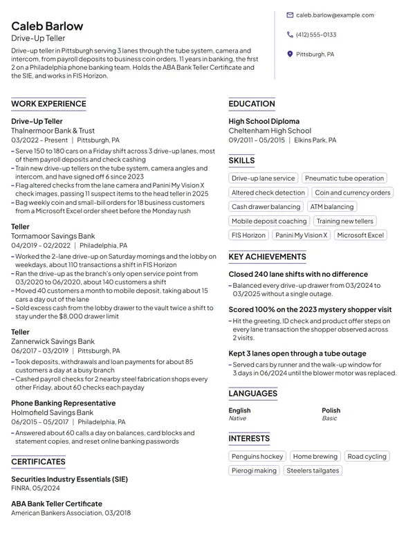 Drive-Up Teller resume example