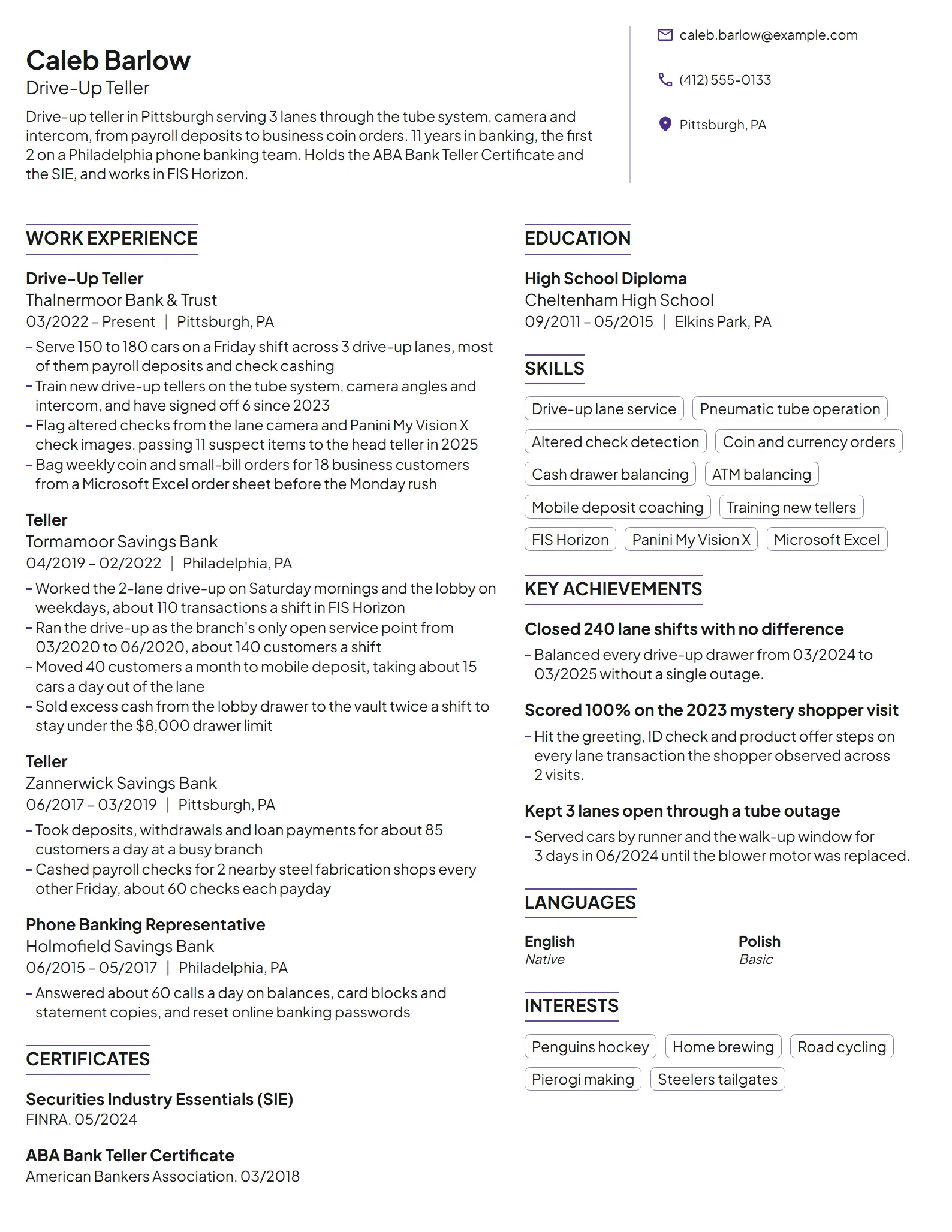 Drive-Up Teller resume example