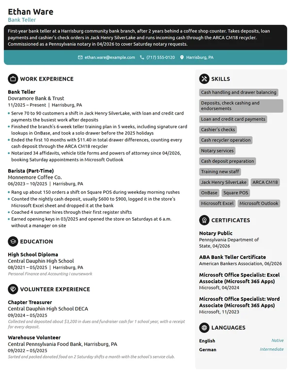 Entry-Level Bank Teller resume example