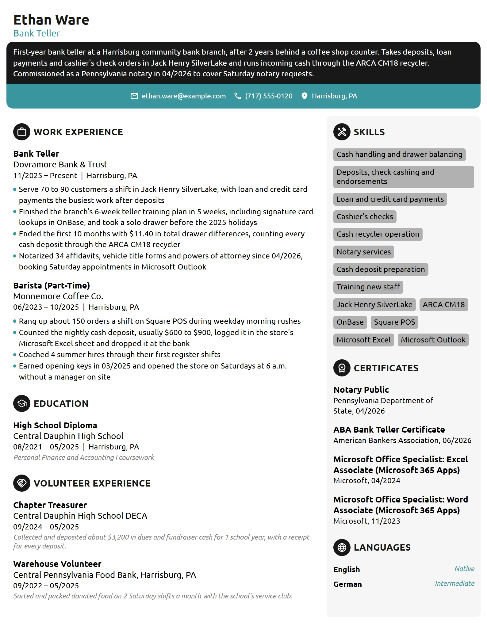 Entry-Level Bank Teller resume example