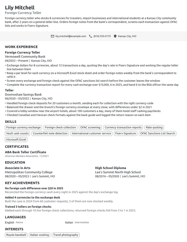 Foreign Currency Teller resume example