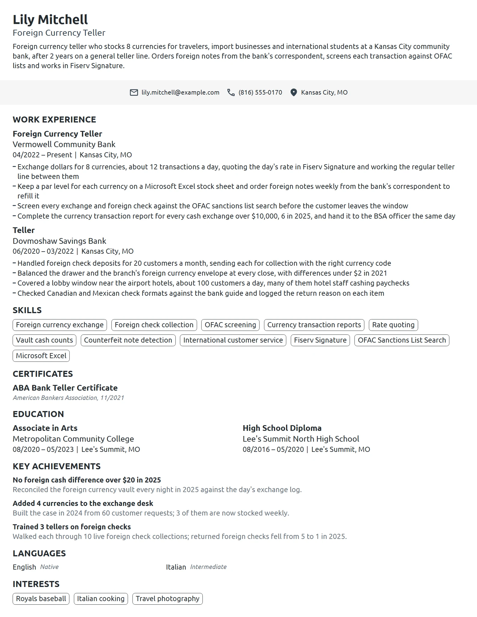 Foreign Currency Teller resume example