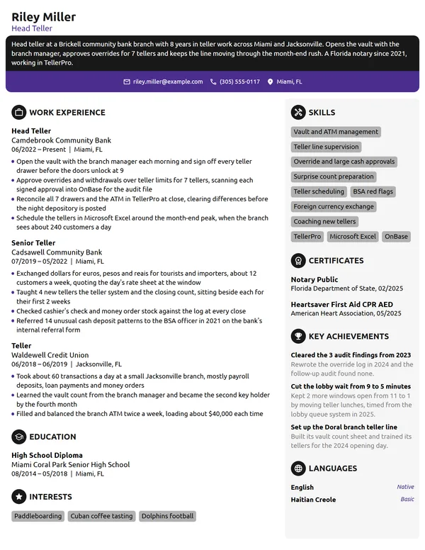 Head Teller resume example