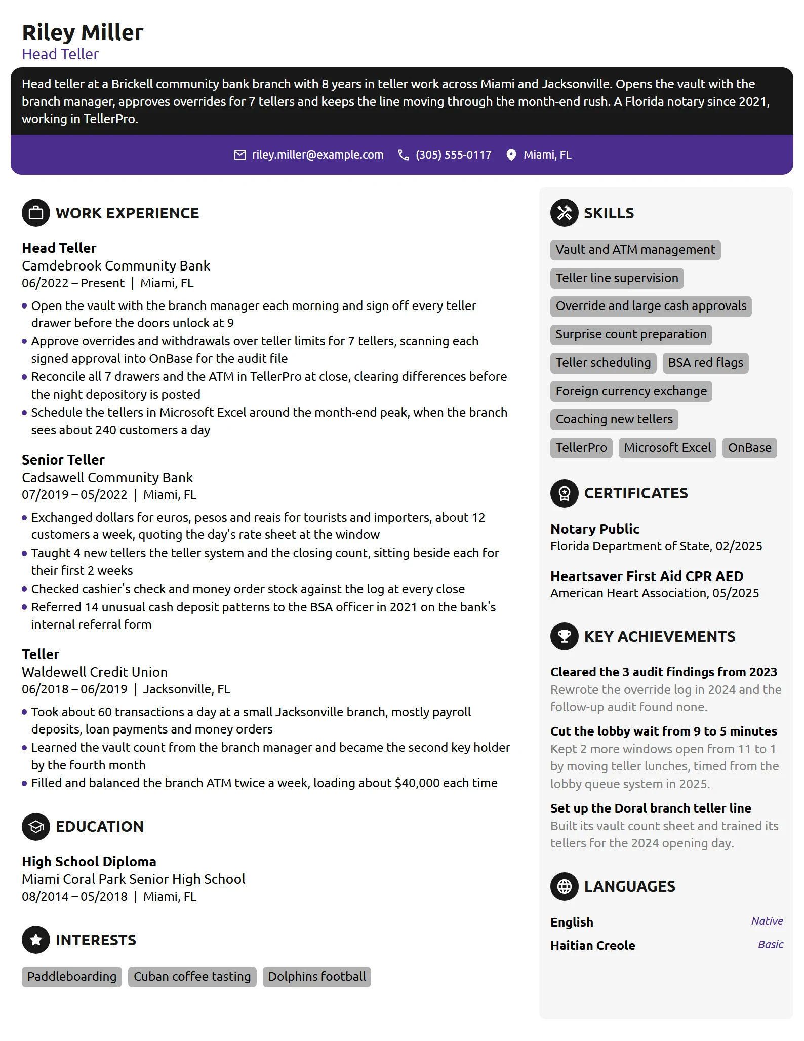 Head Teller resume example