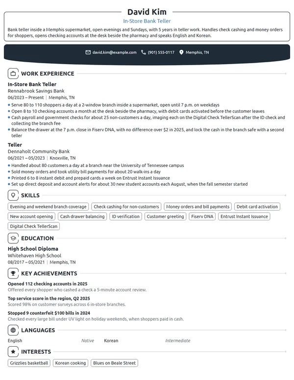 In-Store Bank Teller resume example