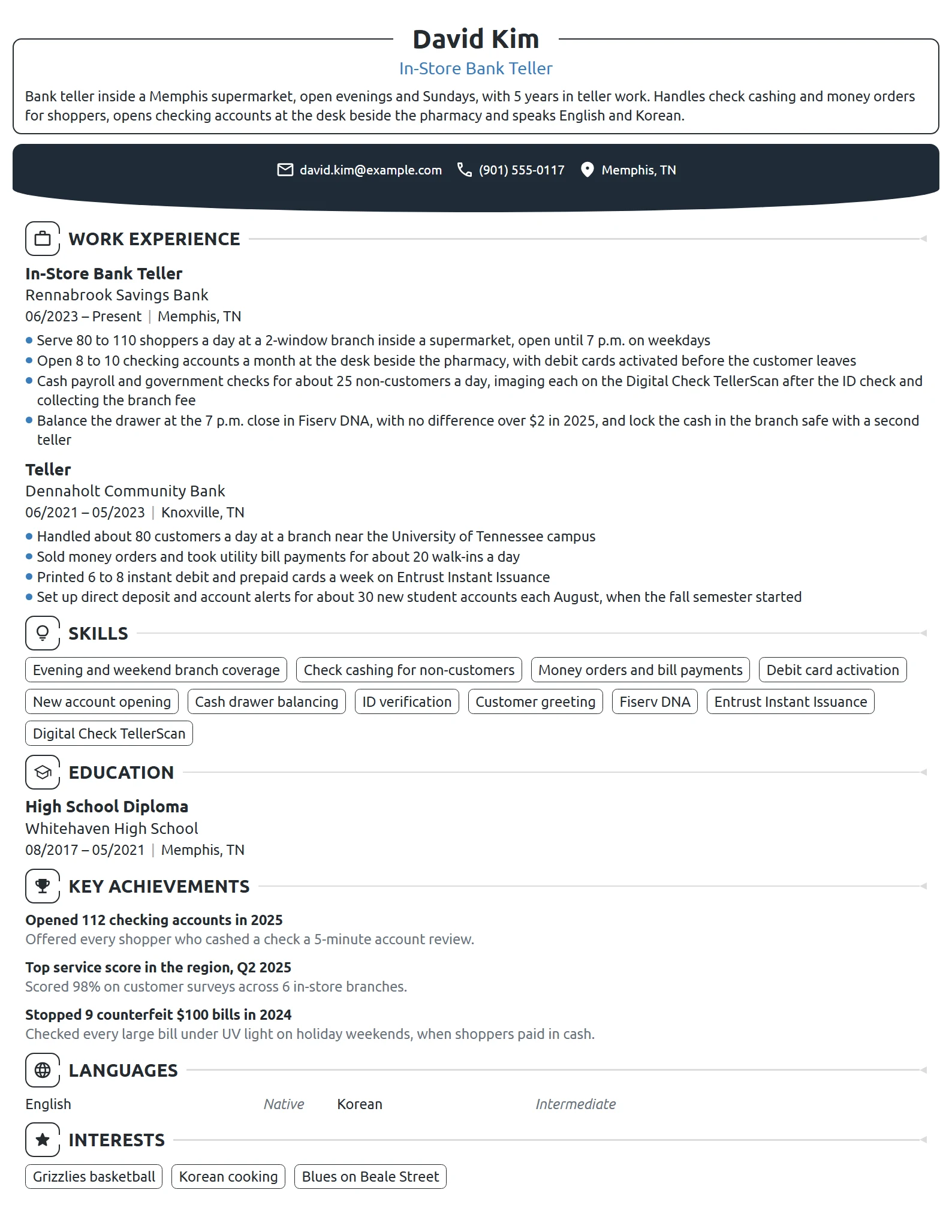 In-Store Bank Teller resume example