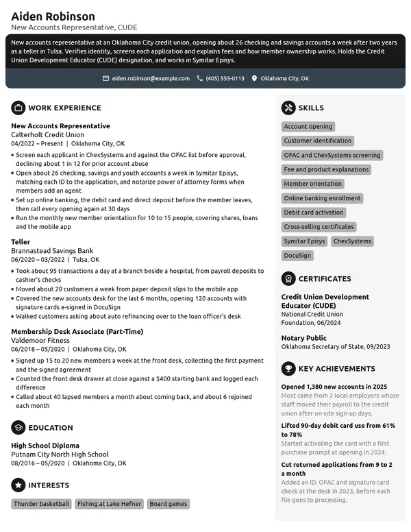 New Accounts Representative resume example