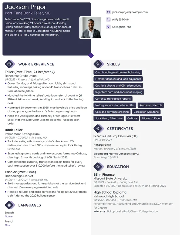 Part-Time Bank Teller resume example