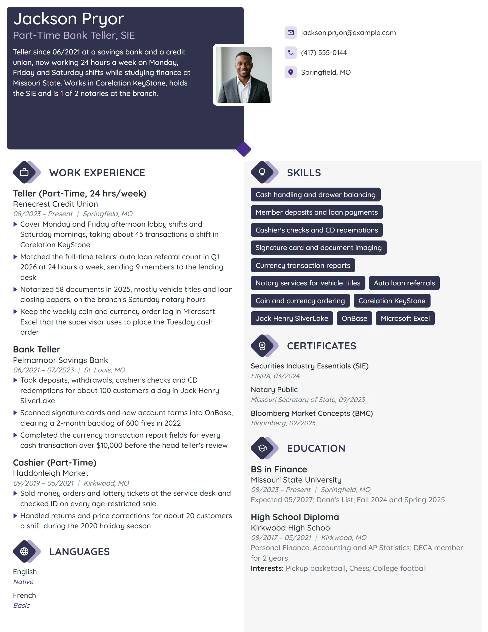 Part-Time Bank Teller resume example