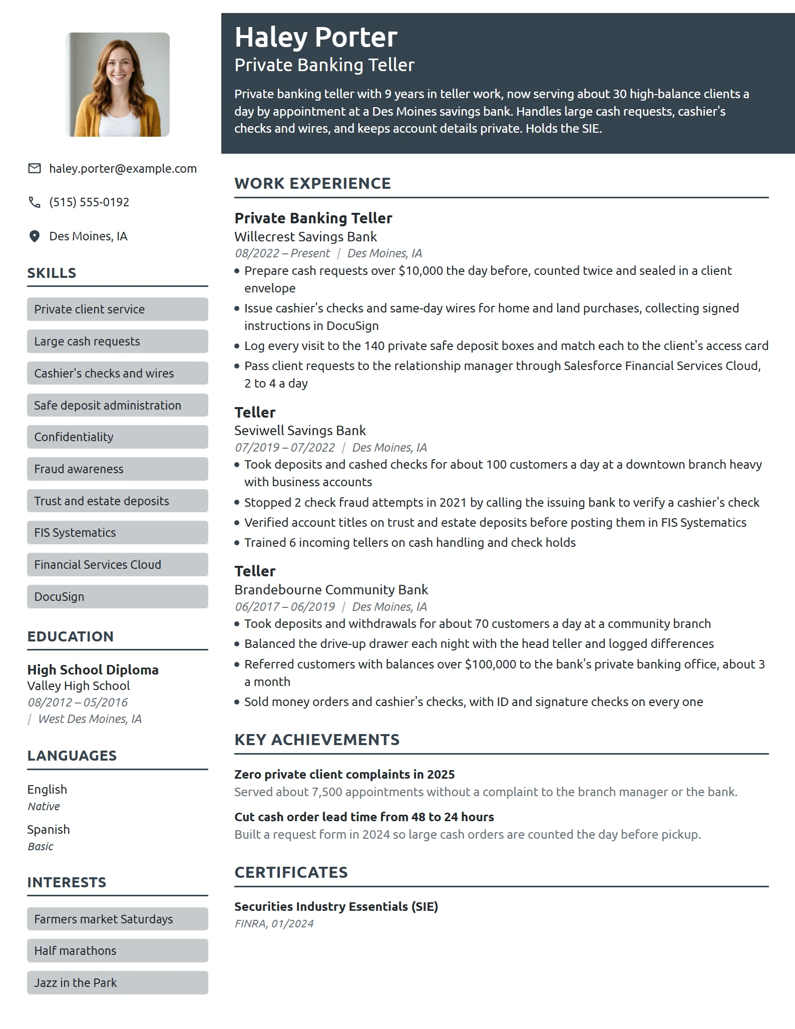 Private Banking Teller resume example