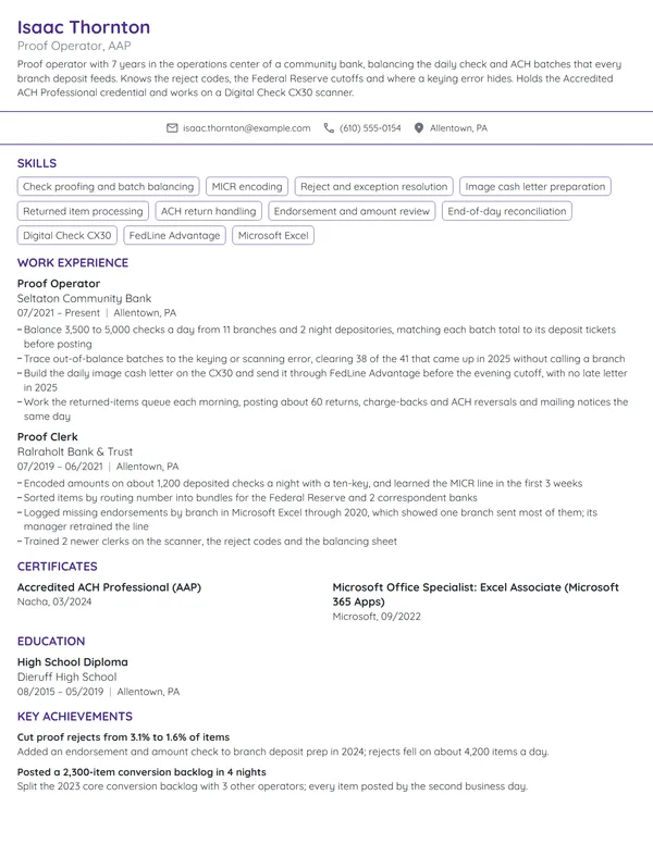 Proof Operator resume example