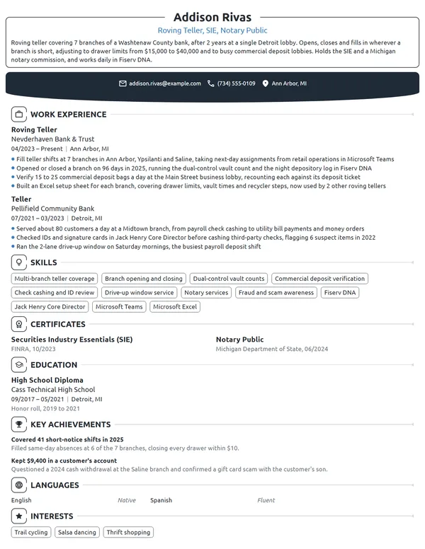 Roving Teller resume example