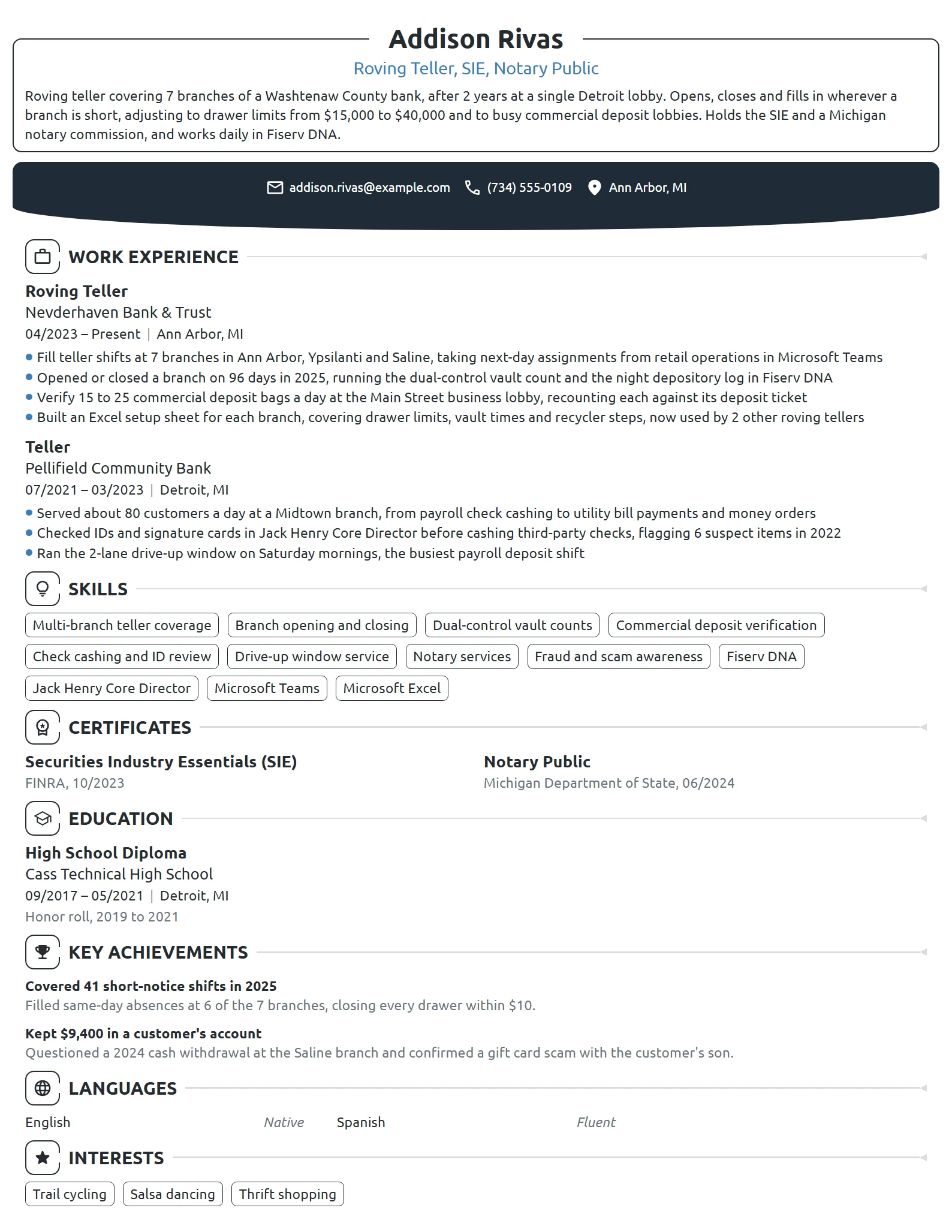 Roving Teller resume example