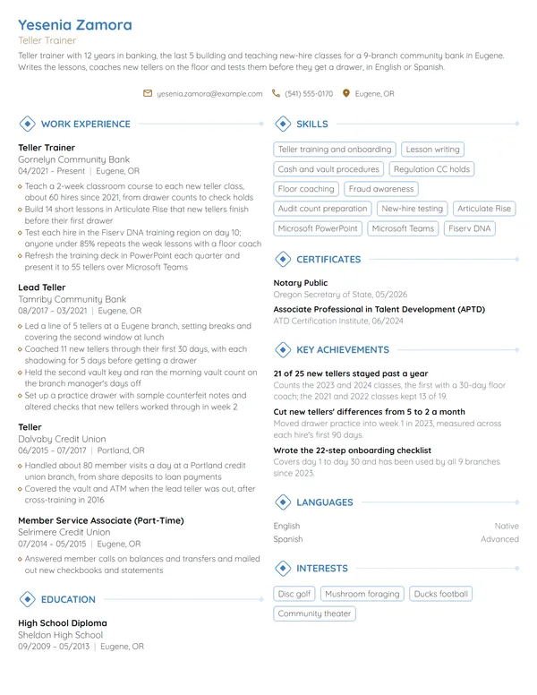 Teller Trainer resume example