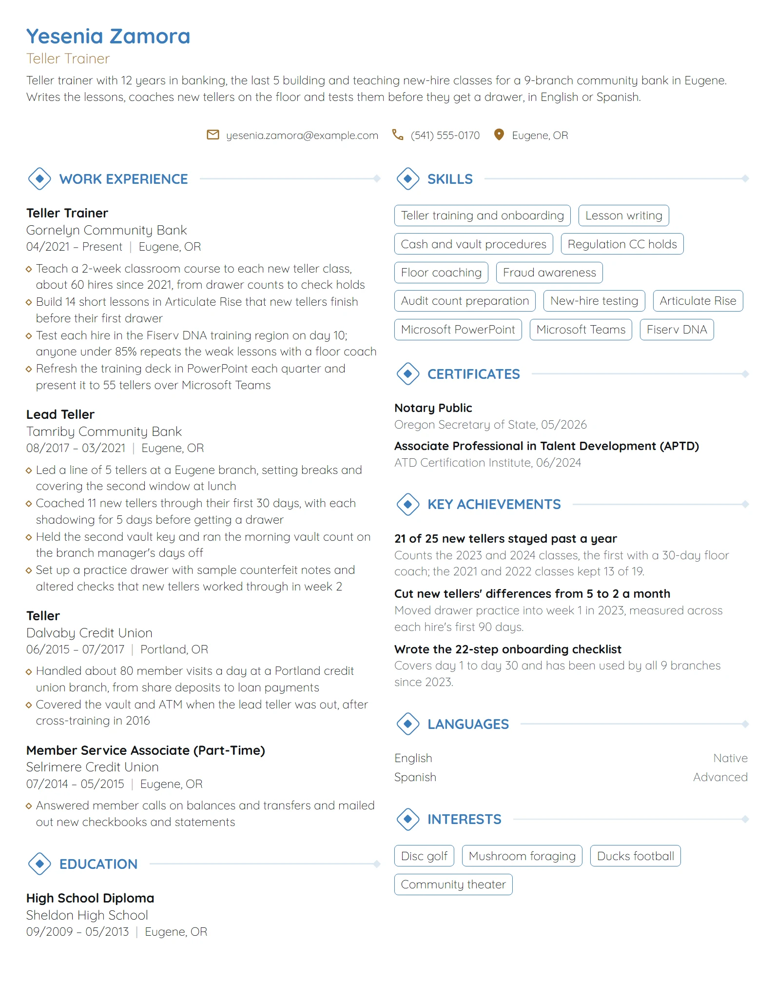 Teller Trainer resume example